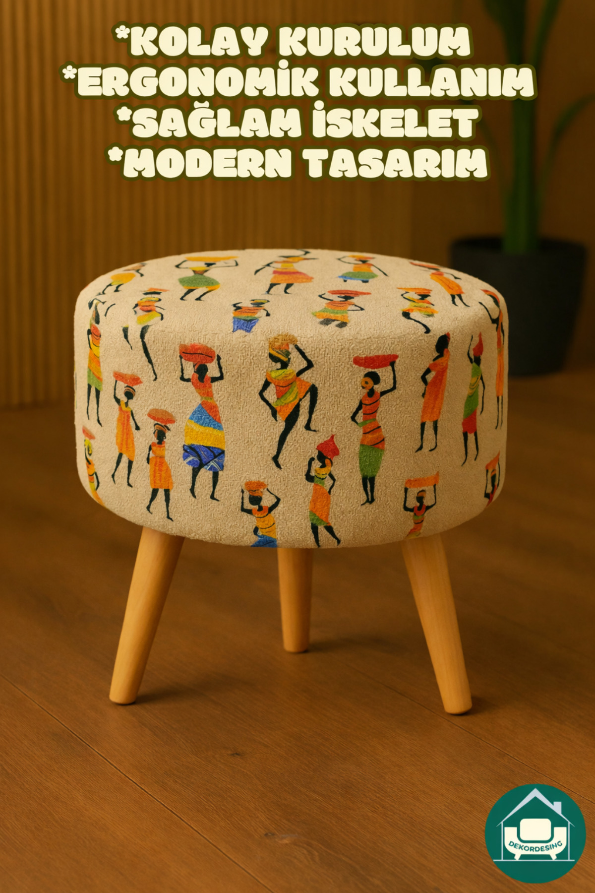 DEKOR MOBİLYACIM Yuvarlak Balkon Mutfak Salon Ayak Uzatma Pufu Gürgen Ayaklı Özel Tasarım Hintli Puf Koltuk