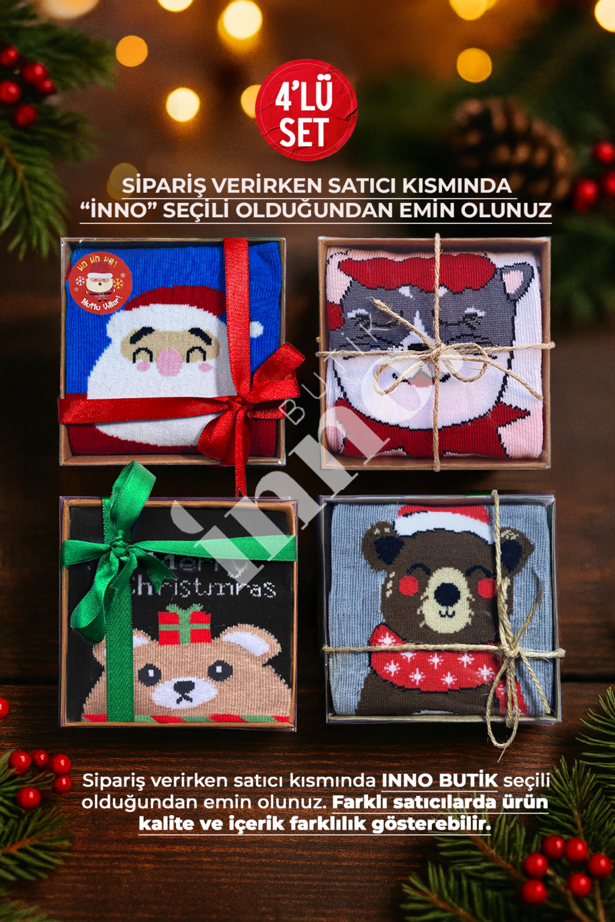 Inno Yılbaşı Desenli Kraft Kutulu Çorap 4'lü Set (BİREBİR DESEN)