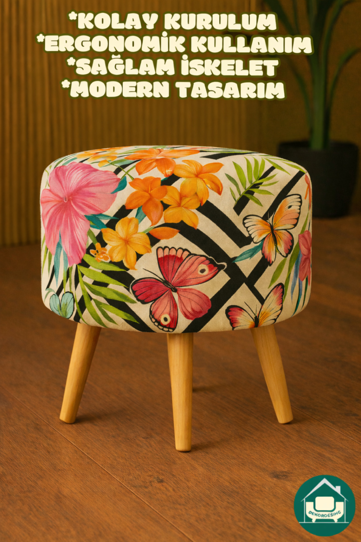 DEKOR MOBİLYACIM Yuvarlak Balkon Mutfak Salon Ayak Uzatma Pufu Gürgen Ayaklı Özel Tasarım Kelebek Puf Koltuk