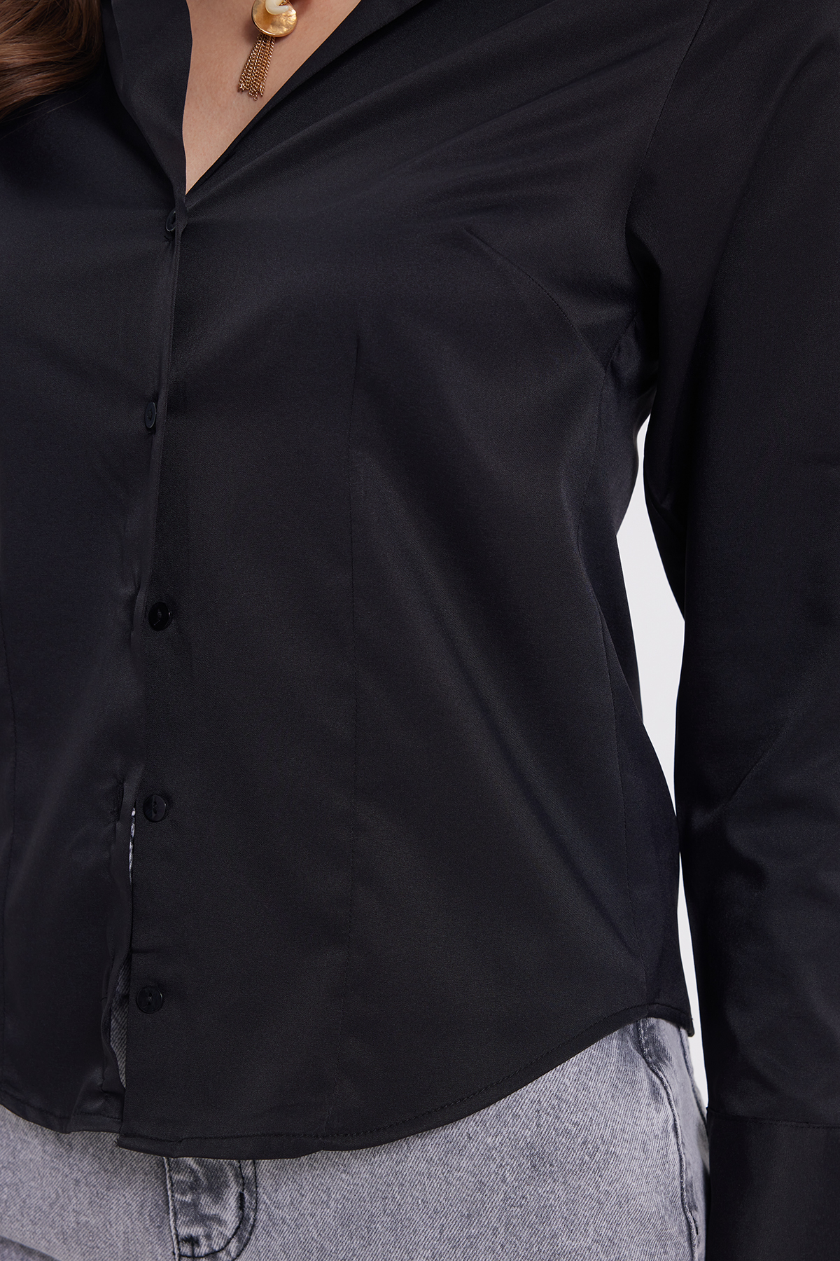 Tudors  Kadın Oversize Geniş Kesim %100 Pamuk Müslin Kumaş Uzun Kollu Cepli Dokulu Siyah Gömlek - Görsel 6