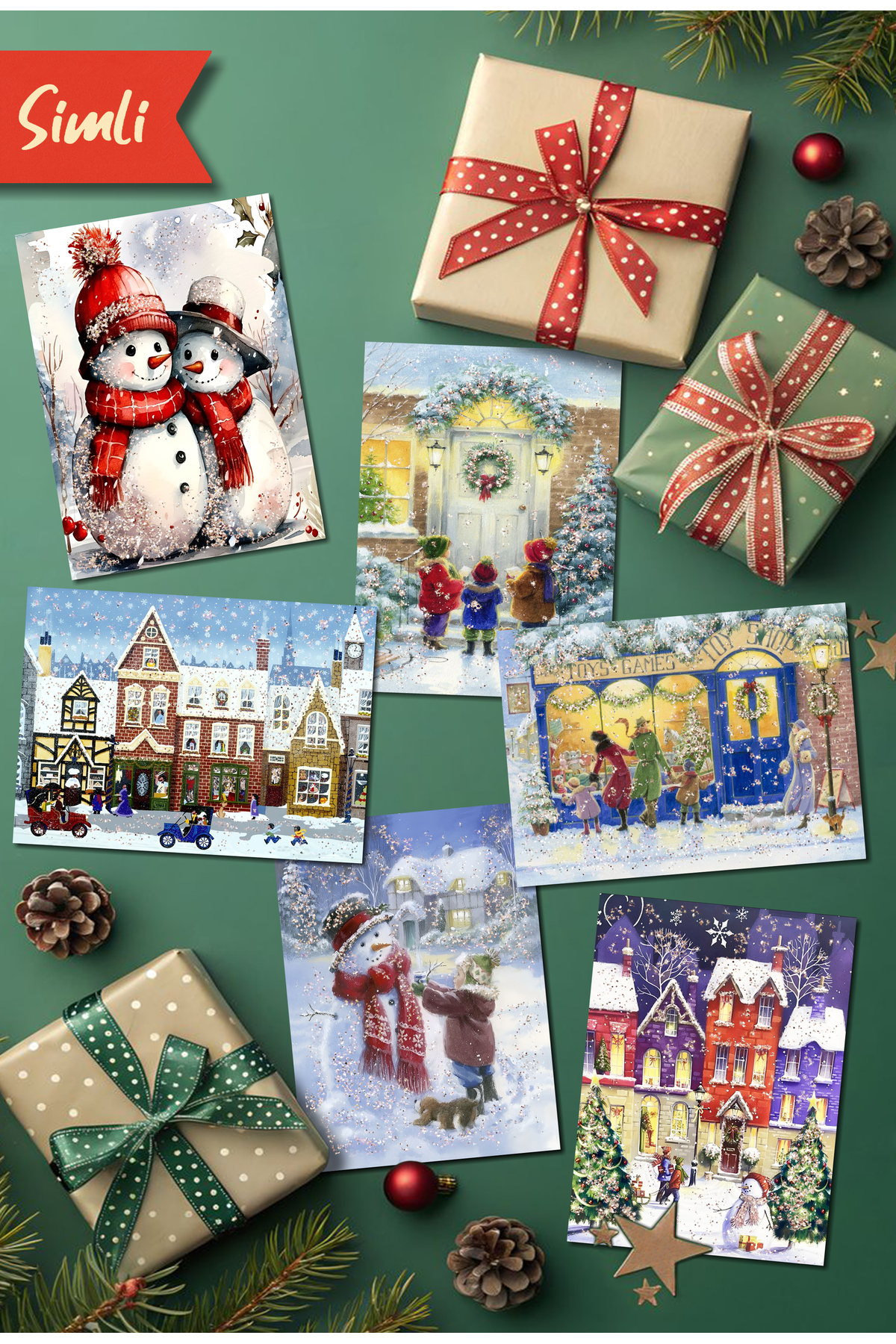 Mia Pera 9lu Simli Yılbaşı Kartpostal Seti Yeniyıl Manzara Kardan Adam Nostalji