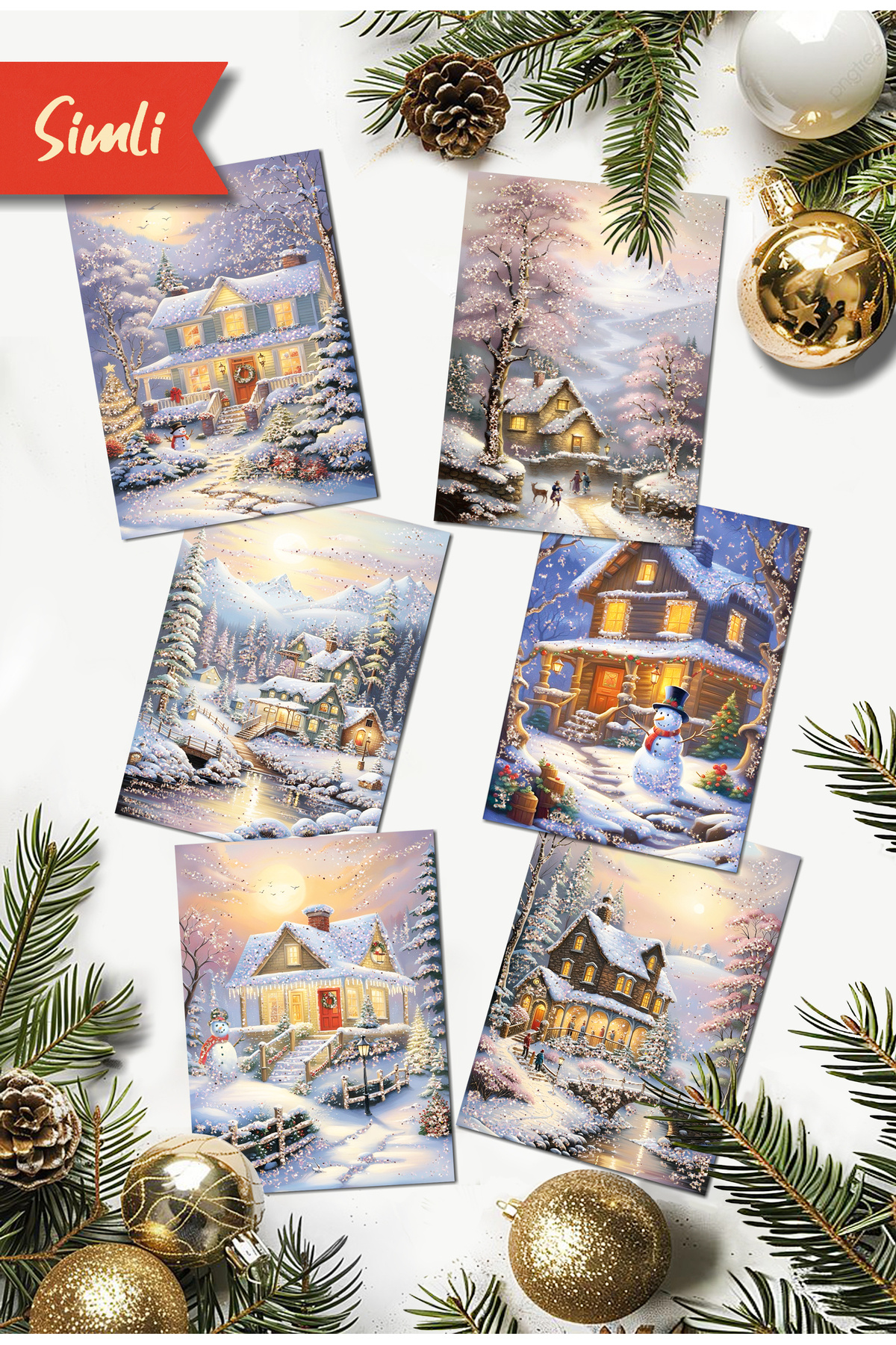 Mia Pera 9lu Simli Yılbaşı Kartpostal Seti Yeniyıl Kış Manzara Nostalji
