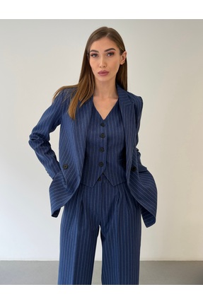 ossons Premium Kadın Çizgili Lacivert Ceket Yelek Pantolon 3’lü Takım – Moder...