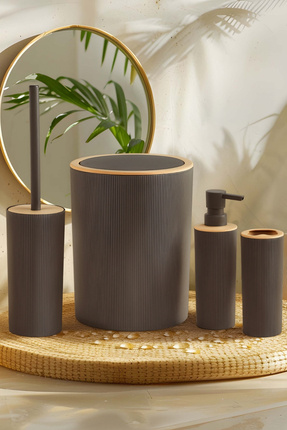 İndecor Houseware Liza 4'lü Banyo Seti Antrasit Gri - Çöp Kovası WC Fırçası S...