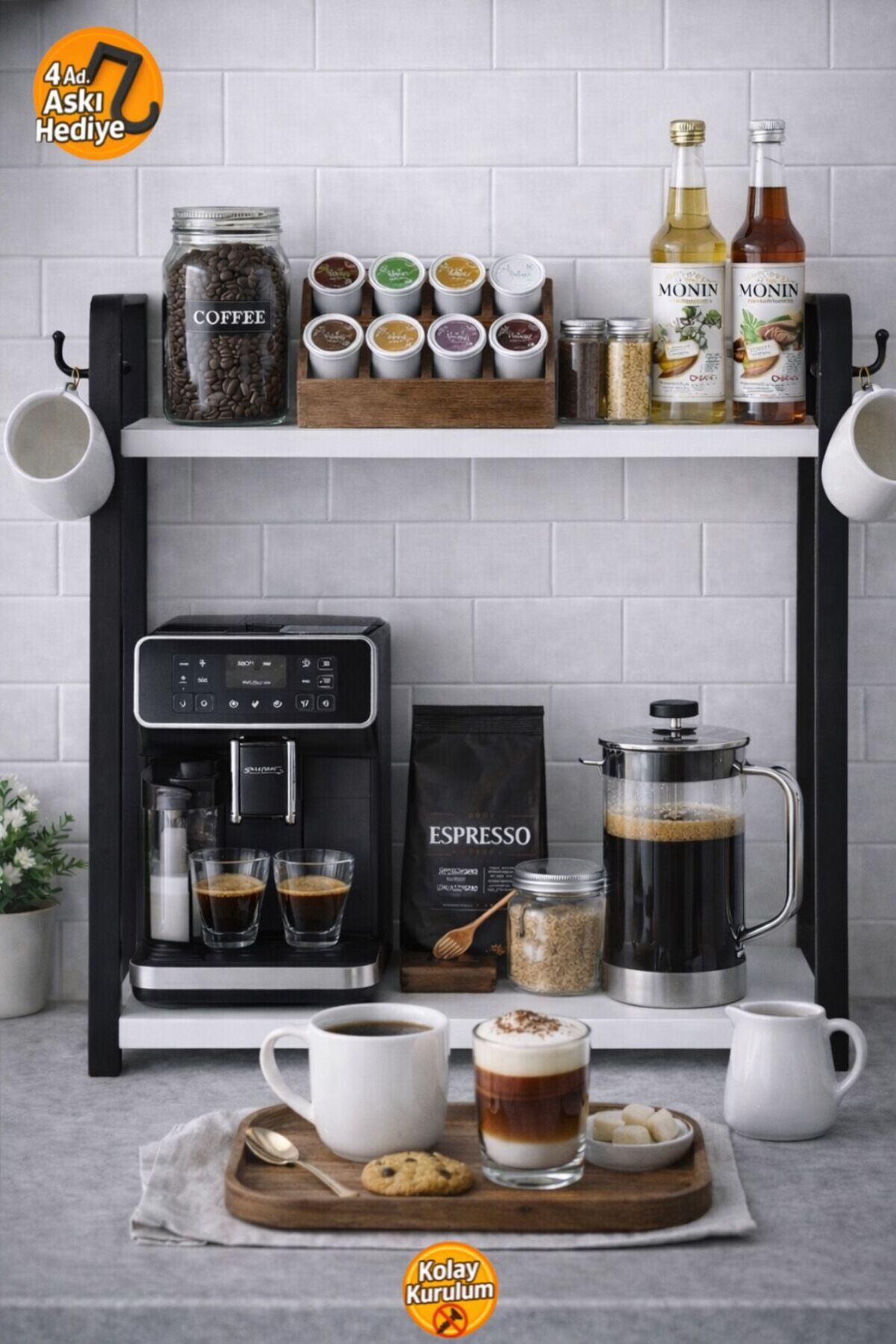 Mini Coffee Corner Kitchen Countertop Wooden Organizer White Bathroom Kitchen Organizer with 2 Shelves