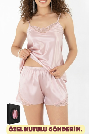 ZENCHES Güpürlü Pembe Saten Şortlu Gecelik Takım