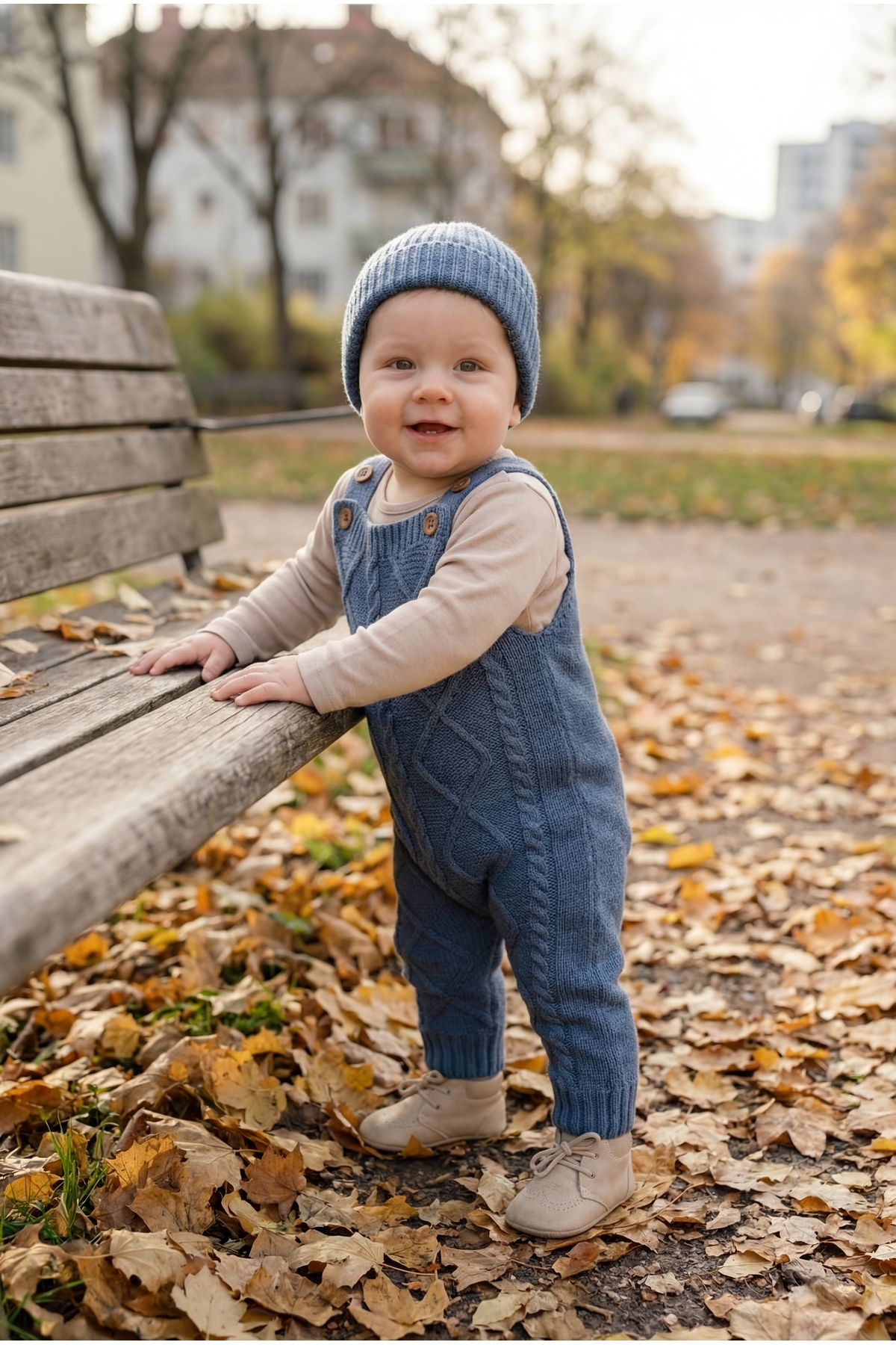 Babily Ayarlanabilir Askılı Selanik Örgü Şapkalı Triko Tulum Salopet Bebek fotoğrafı 6 (önizleme)