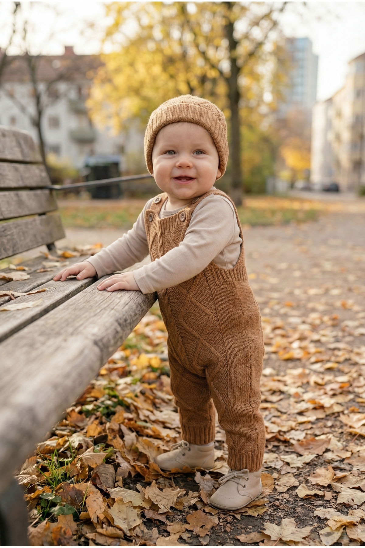 Babily Ayarlanabilir Askılı Selanik Örgü Şapkalı Triko Tulum Salopet Bebek fotoğrafı 5 (önizleme)