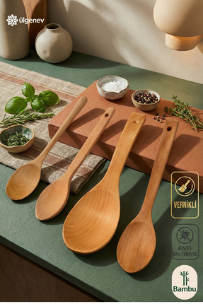Ülgenev 4’lü Vernikli Bambu Tahta Kaşık Seti – Sos, Pilav, Mama ve Servis Kaşığı