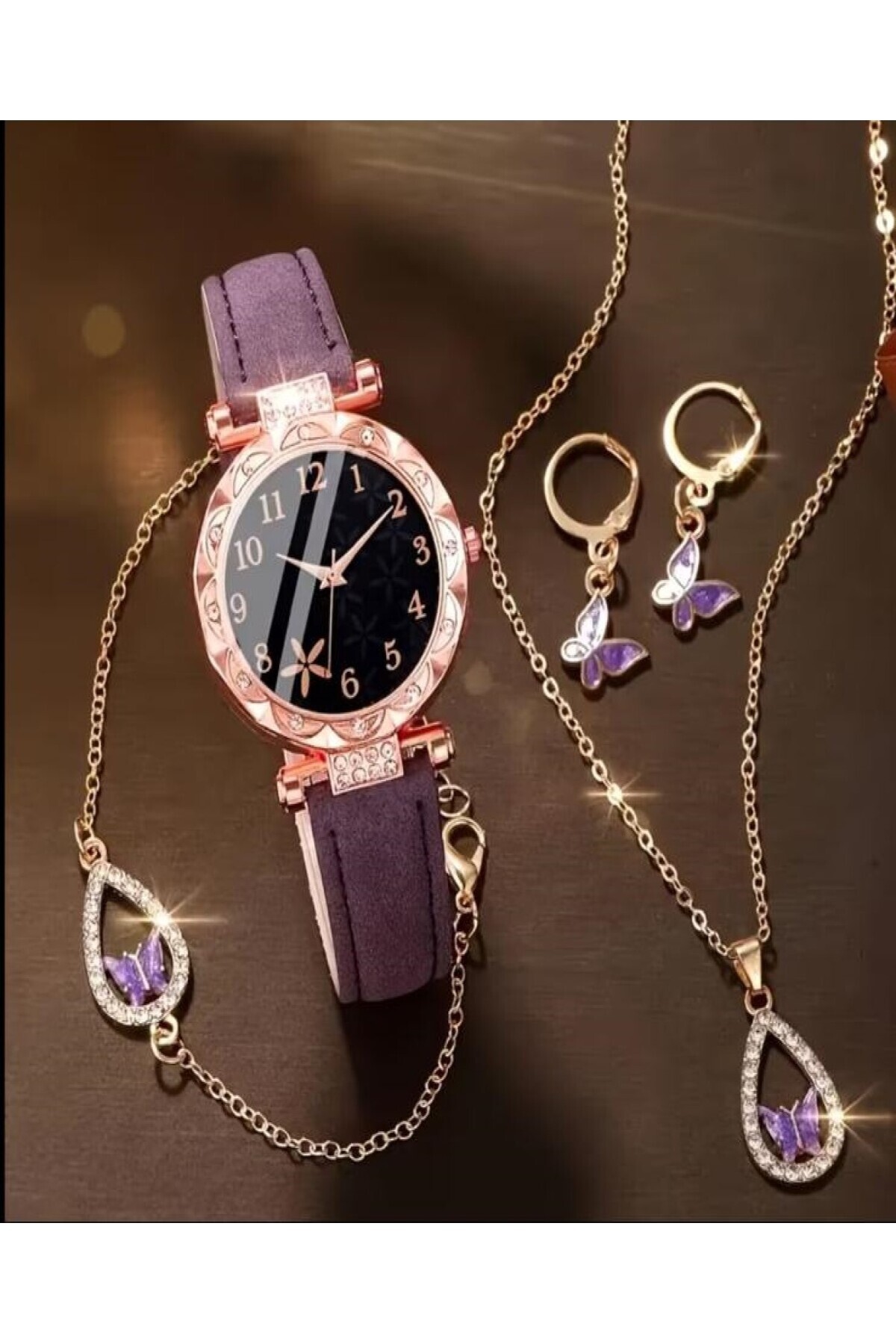 KANERUZ 5'li Quartz Kadın Kelebek Kol Saati, Kolye ve Bileklik Seti
