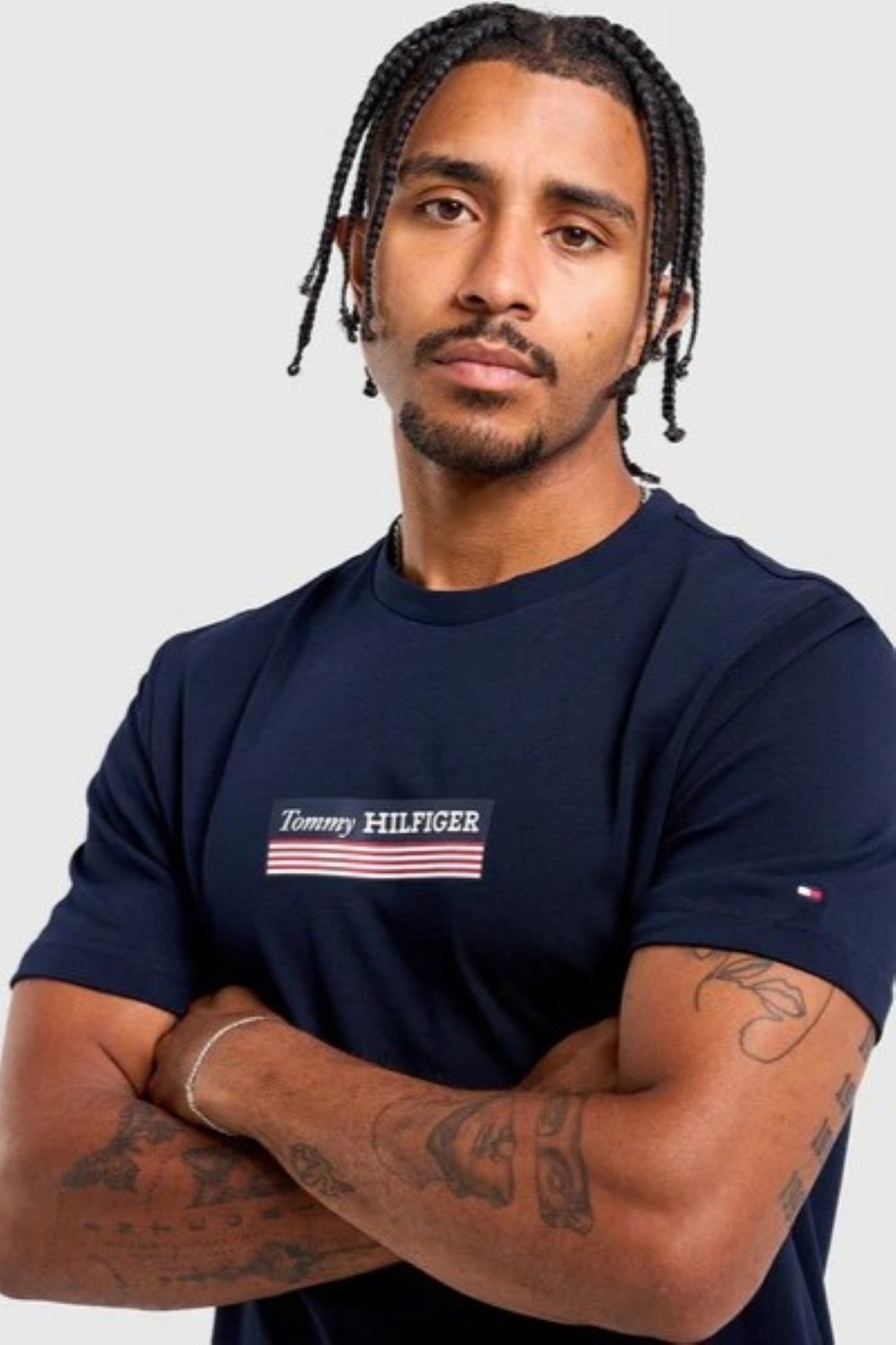 تامی هیلفیگر تی‌شرت آستین کوتاه آبی طرح‌دار مردانه یقه گرد MW0MW38079-DW5