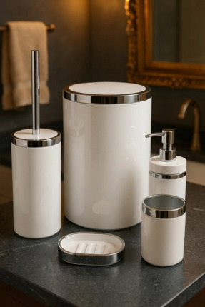 MAKRİ HOME Banyo Seti 5'li, Yuvarlak, Akrilik-Çöp Kovası, WC Fırçalık, Sıvı S...