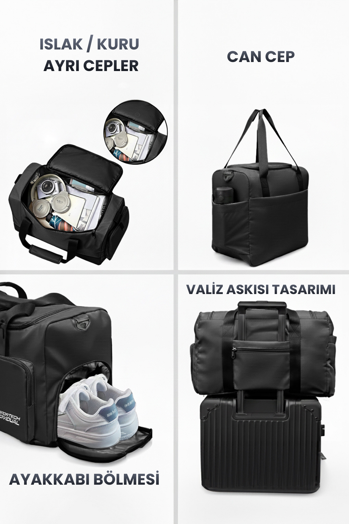 Ghassy Co  Unisex Ayakkabı Bölmeli Askılı Fonksiyonel Cepli Geniş Seyahat Fitness El ve Spor Çantası - Görsel 6