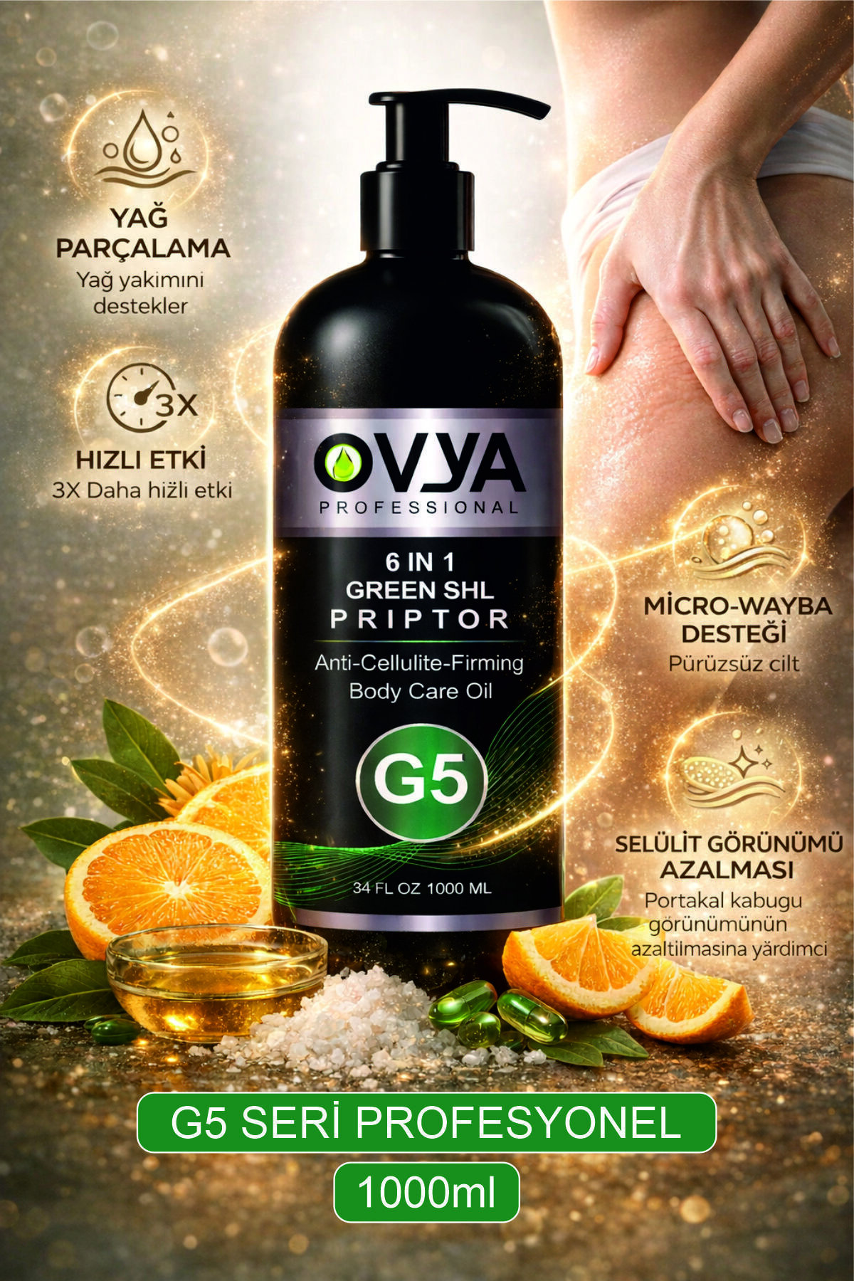 ovya Selülit Karşıtı G5 Profesyonel Masaj Yağı 6 in 1 Green Shl Priptor 1000ml
