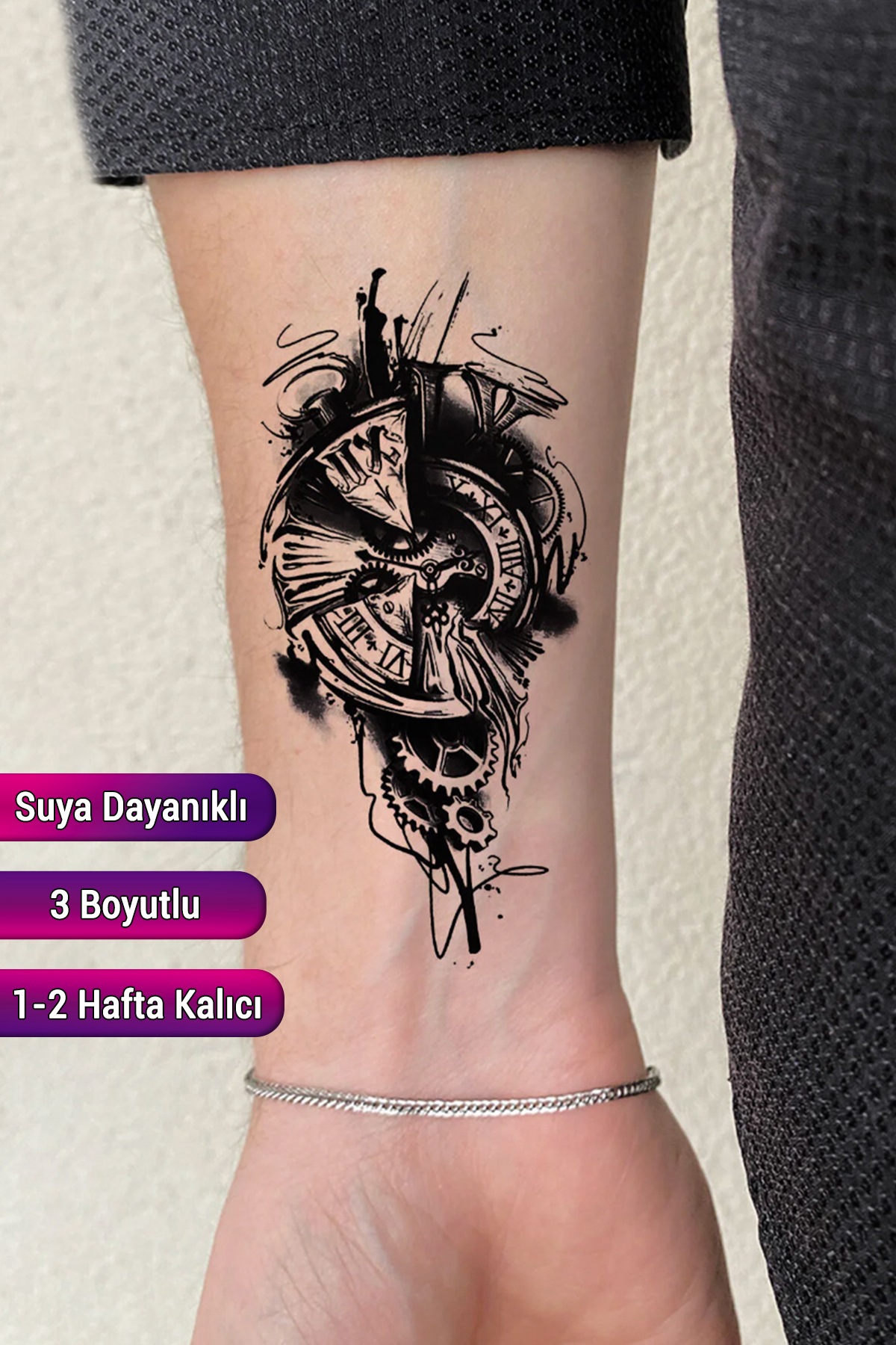 BiWini Gerçek Dövme Görünümlü Saat Modelli 3 Boyutlu Tattoo, Erkek Geçici Dövme