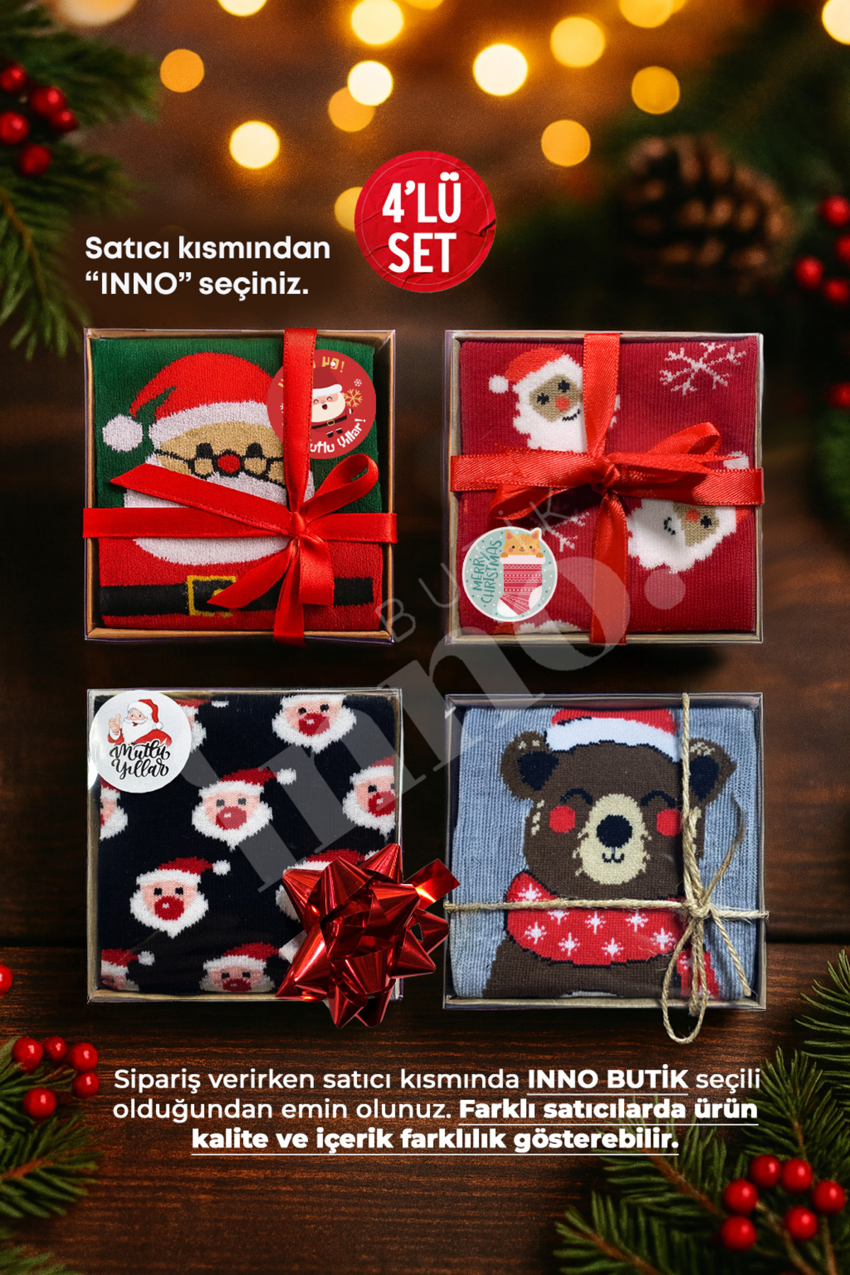 Inno Yılbaşı Desenli Kraft Kutulu Çorap 4'lü Set (BİREBİR DESEN)