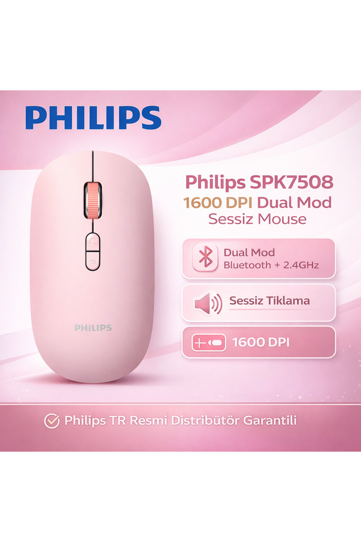 Philips SPK7508 Kablosuz 1600DPI 6 Tuşlu Dual Mod Optik Mouse Pembe