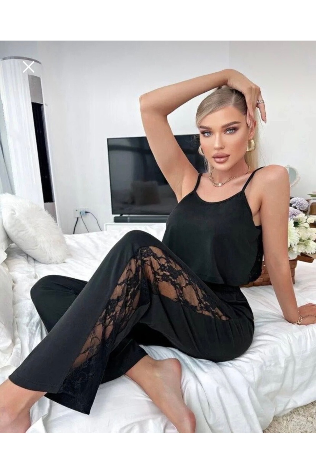 GAZANİGA Kadın Askılı Siyah Arkası Dantelli Pijama Takımı ARJİN görsel 3