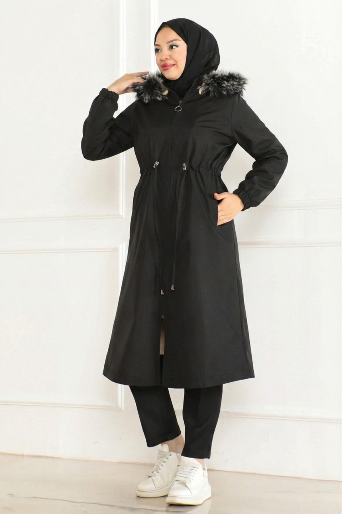 FATELLA  Kadın İçi Kürklü Bonded Kumaş Fermuarlı Siyah Kışlık Mont - Görsel 6