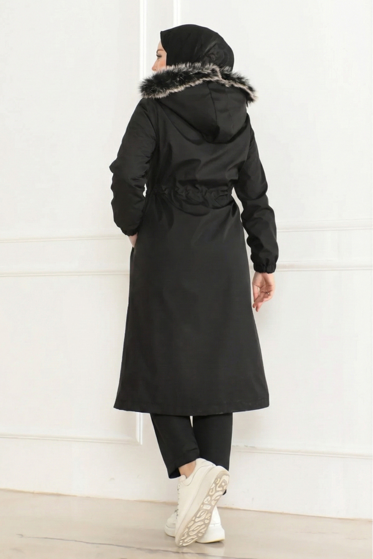 FATELLA  Kadın İçi Kürklü Bonded Kumaş Fermuarlı Siyah Kışlık Mont - Görsel 5