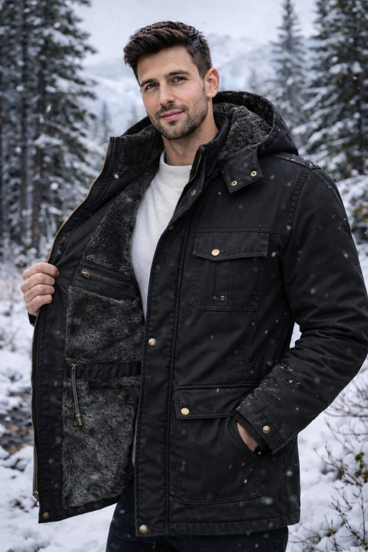 Dynamo  Erkek Siyah Kapüşonlu Kürk Astarlı Su Geçirmez Kaplamalı Kalın Kaban - Görsel 2