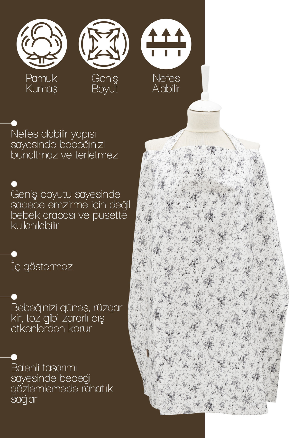 mordesign Çok Amaçlı Bebek Emzirme Örtüsü/Önlüğü; Puset, Bebek arabası örtüsü, Extra Büyük, Çıtır Seri, Gri fotoğrafı 4 (önizleme)