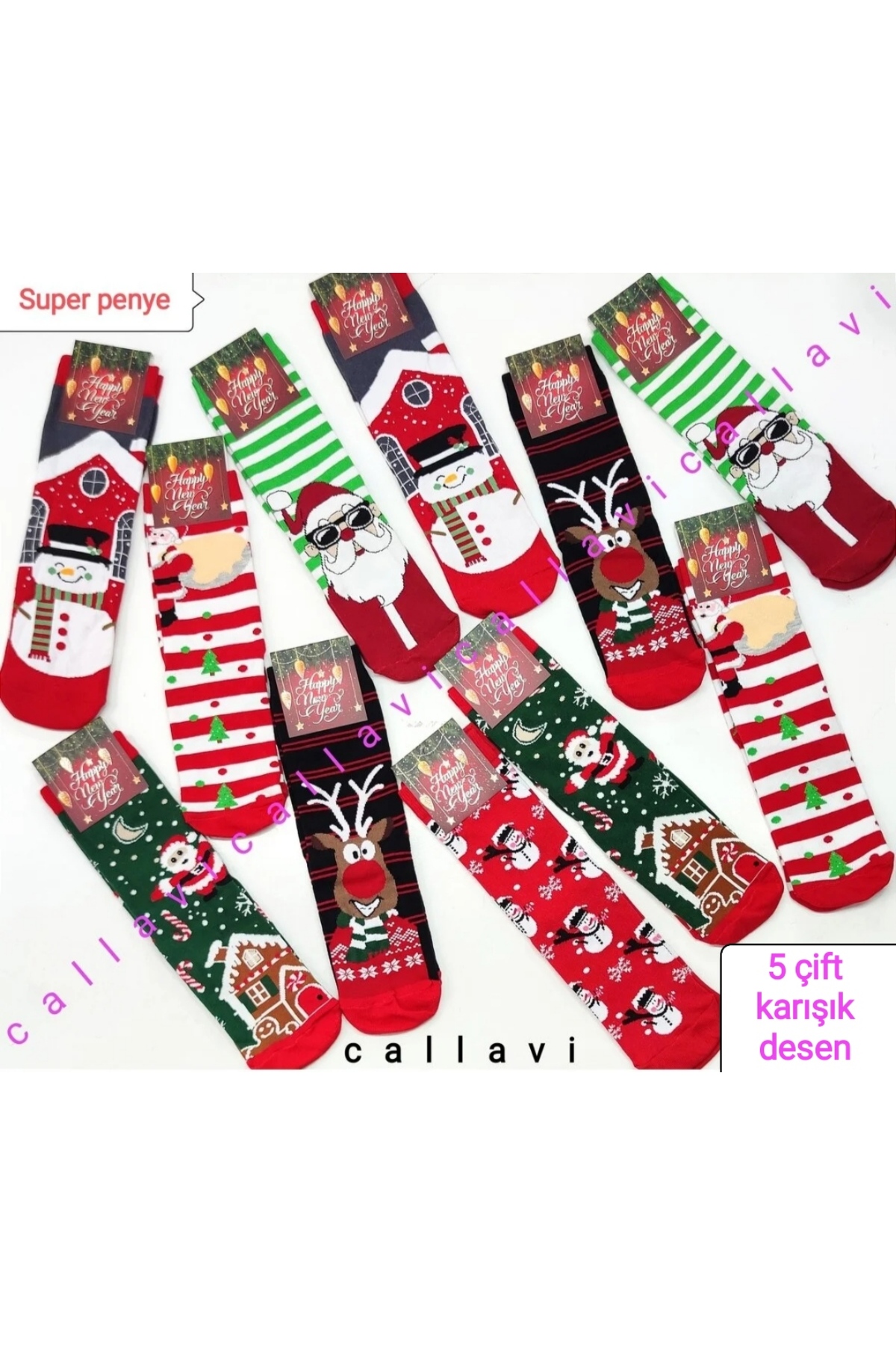 CALLAVI Yılbaşı Çorabı Pamuk/Penye Soket Çorap Unisex 5 Çift görsel 4