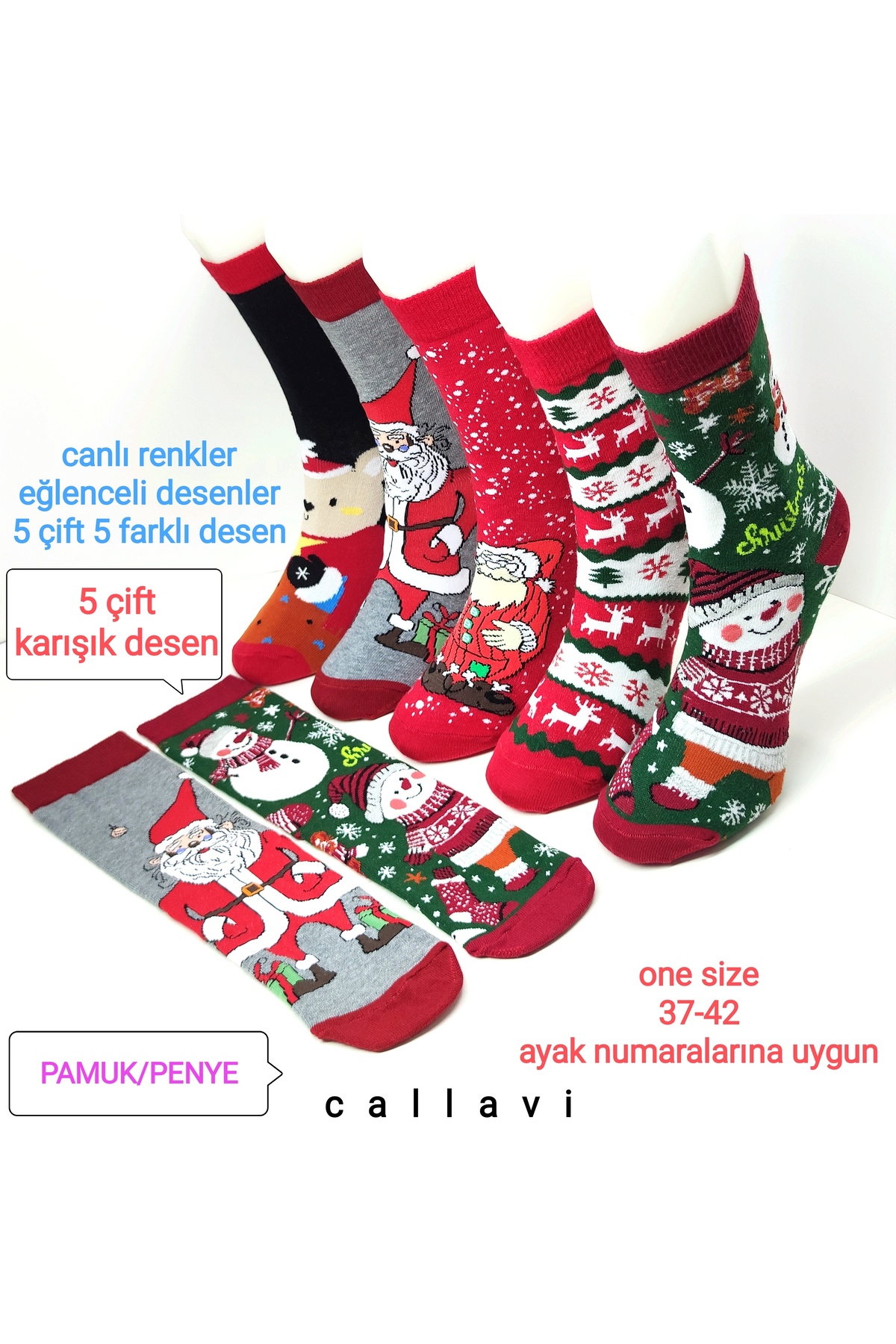CALLAVI Yılbaşı Çorabı Pamuk/Penye Soket Çorap Unisex 5 Çift görsel 2