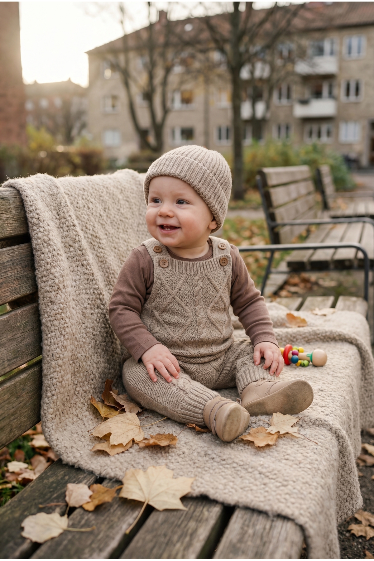 Babily Ayarlanabilir Askılı Selanik Örgü Şapkalı Triko Tulum Salopet Bebek fotoğrafı 4 (önizleme)