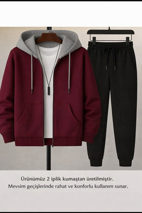 BRLKN Parçalı Renk Kapüşonlu Fermuarlı Hırka Eşofman Takımı 2'iplik Mevsimlik