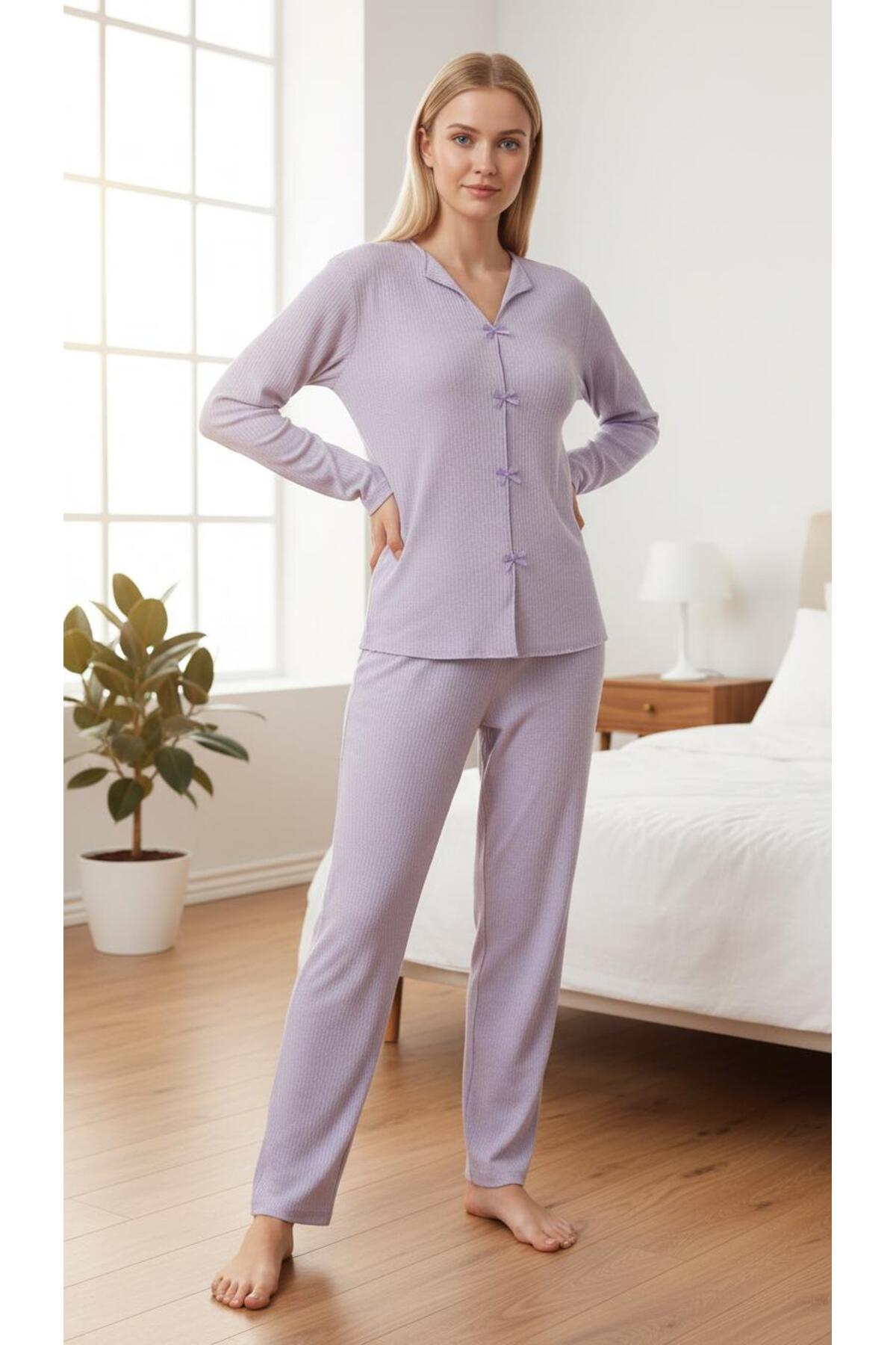 Women's Ribbed Soft Cotton Bow Detailed Long Sleeve Women's Pajamas Set Mink