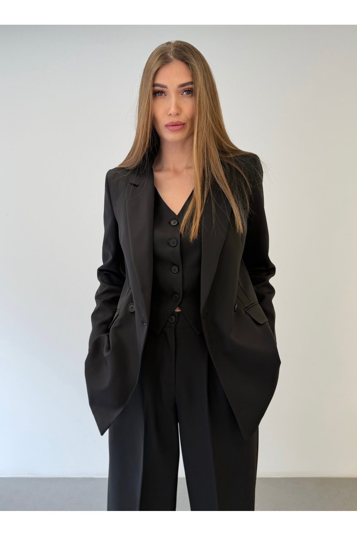 ossons Limited Edition Kadın Ceket Yelek Palazzo Pantolon 3’lü Takım – Ofis & Şık Kombin