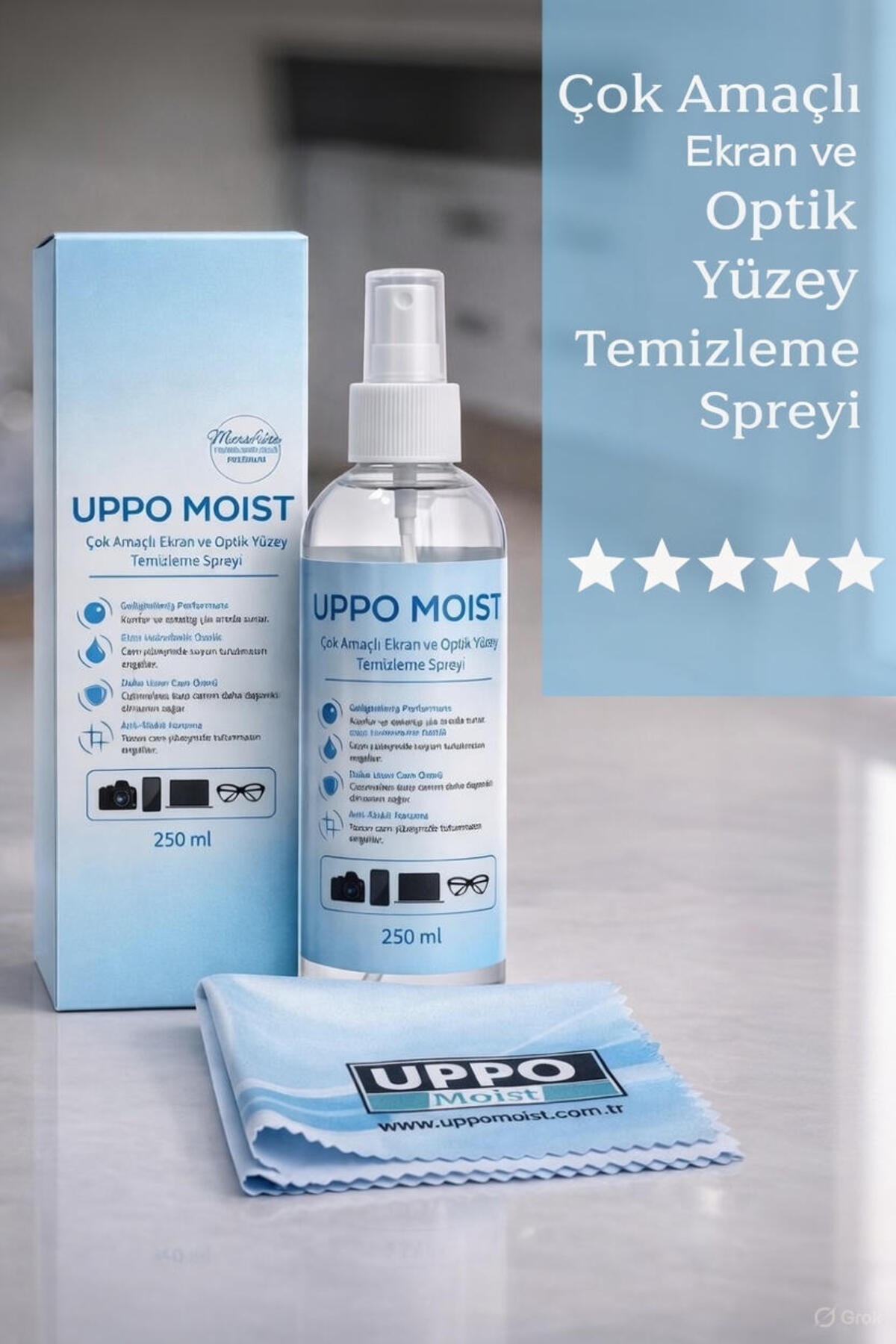 UPPO MOİST 250 ml Çok amaçlı ekran ve optik yüzey temizleyici ve ipek bez 20x20 hediye