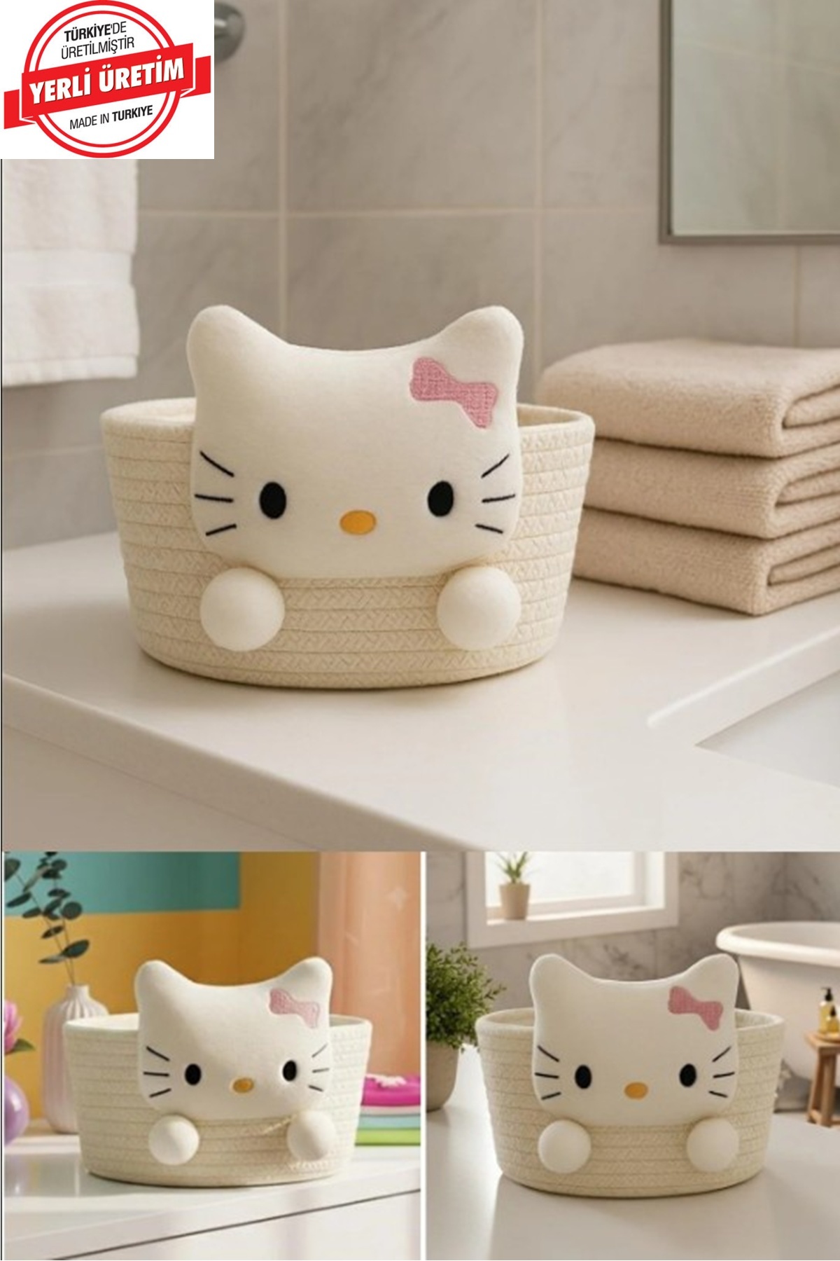Kitchen Beauty Hello Kitty Peluşlu Çok Amaçlı Hasır Sepet, Banyo Sepeti, Dekor Sepet, Havlu Sepeti