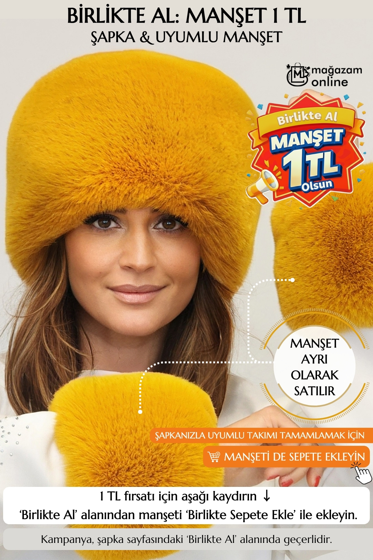 Fluffy Dense Fur Plush Faux Fur Kalpak Hat Women Winter Beanie - Toscana Mustard