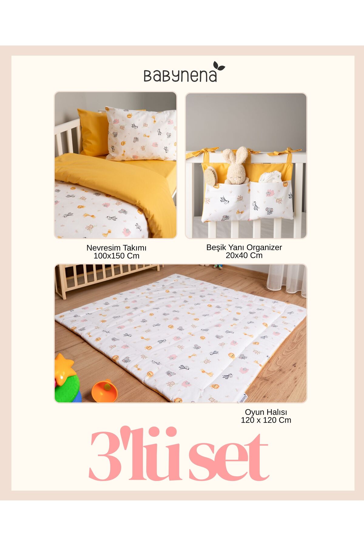 BABYNENA Hayvanlar Alemi 3'lü Set 100x150 Cm Nevresim Takımı, 120x120 Cm Oyun Halısı, Beşik Yanı Organizer