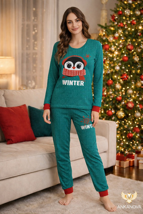 ANKANOVA Kadın Pamuklu Kışlık Yumuşak Dokulu Yılbaşı Konsept Pijama Takımı Ev...