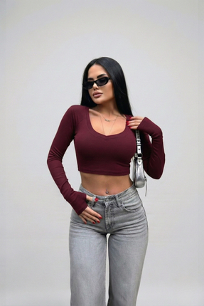 Windy Island Kadın Uzun Kollu V Yaka Parmak Geçirmeli Likralı Crop