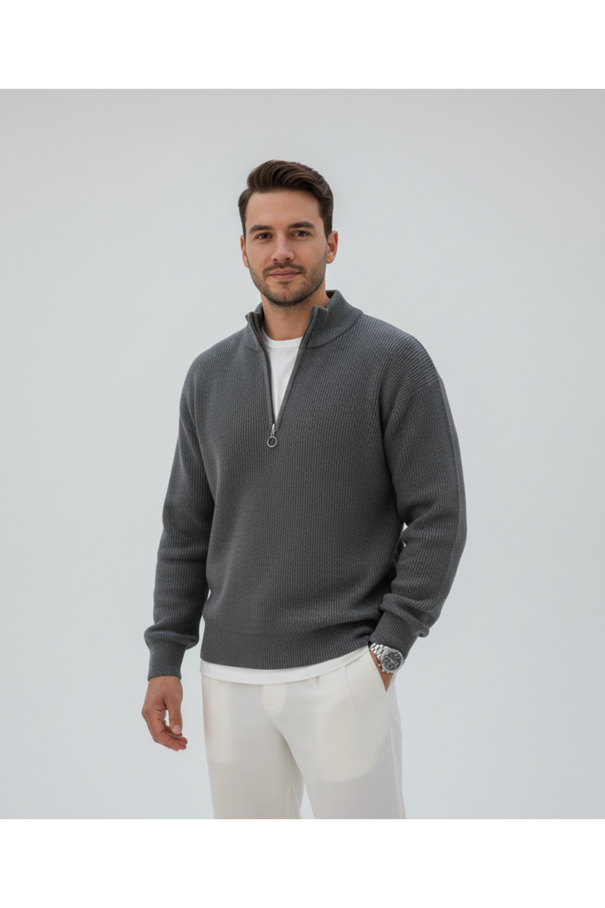 beuivo  Erkek Siyah-Füme 2'li Yarım Fermuarlı Dik Yaka Sweatshirt Selanik Örme Triko Kazak - Görsel 6