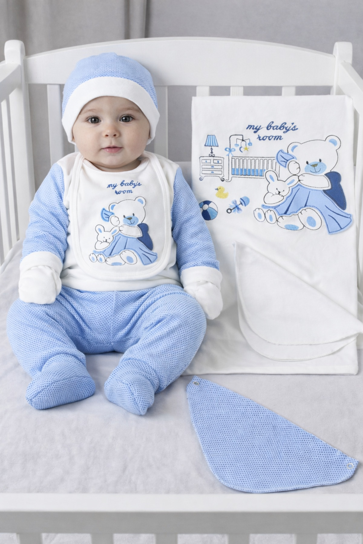 Petino Erkek Bebek Hastane Çıkışı 10 Parça Yenidoğan %100 Pamuk Ayıcıklı Nakışlı Hastane Çıkış Seti fotoğrafı 4 (önizleme)