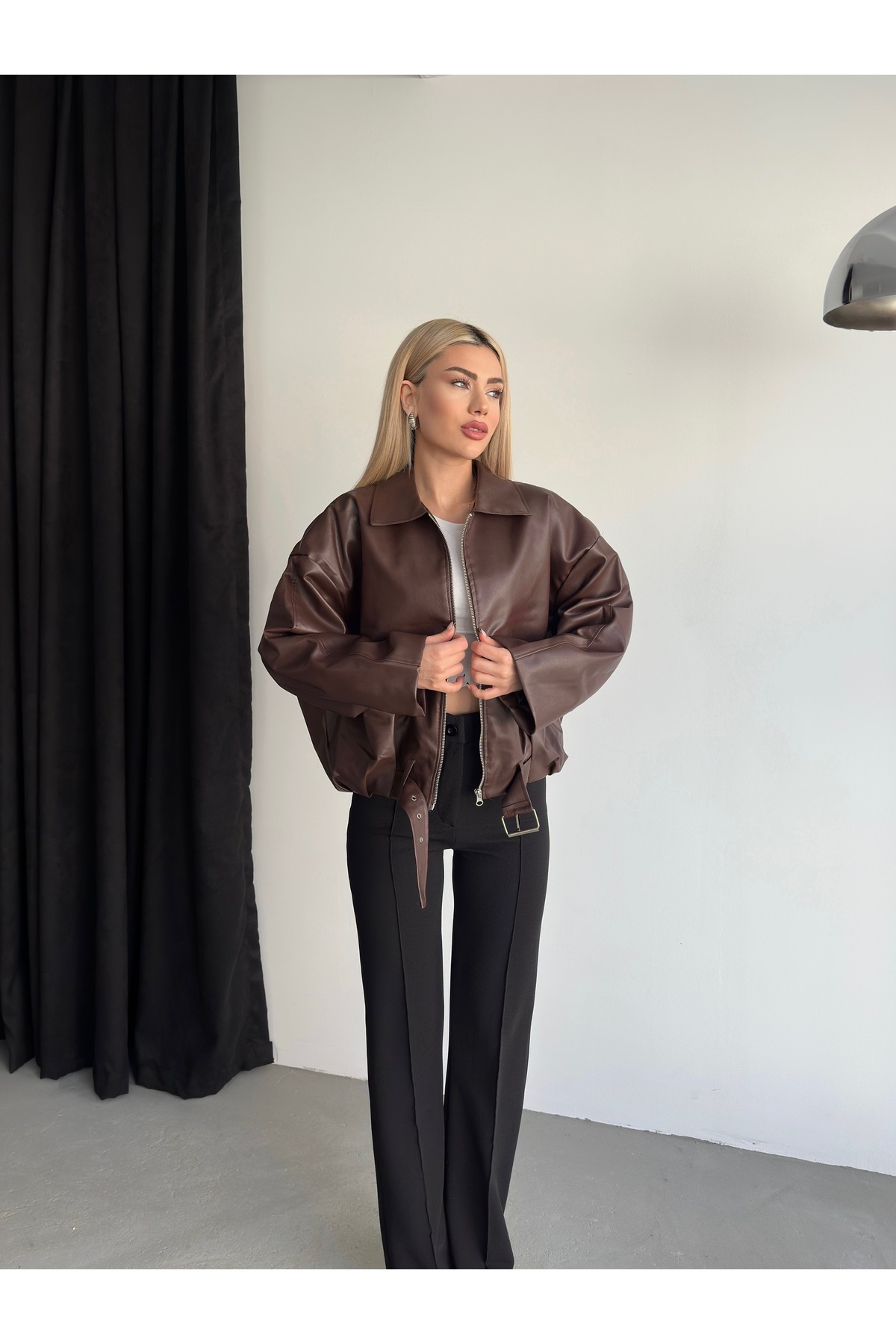 Ekim Store  Yeni Sezon Kemerli Bomber Deri Ceket - Görsel 3