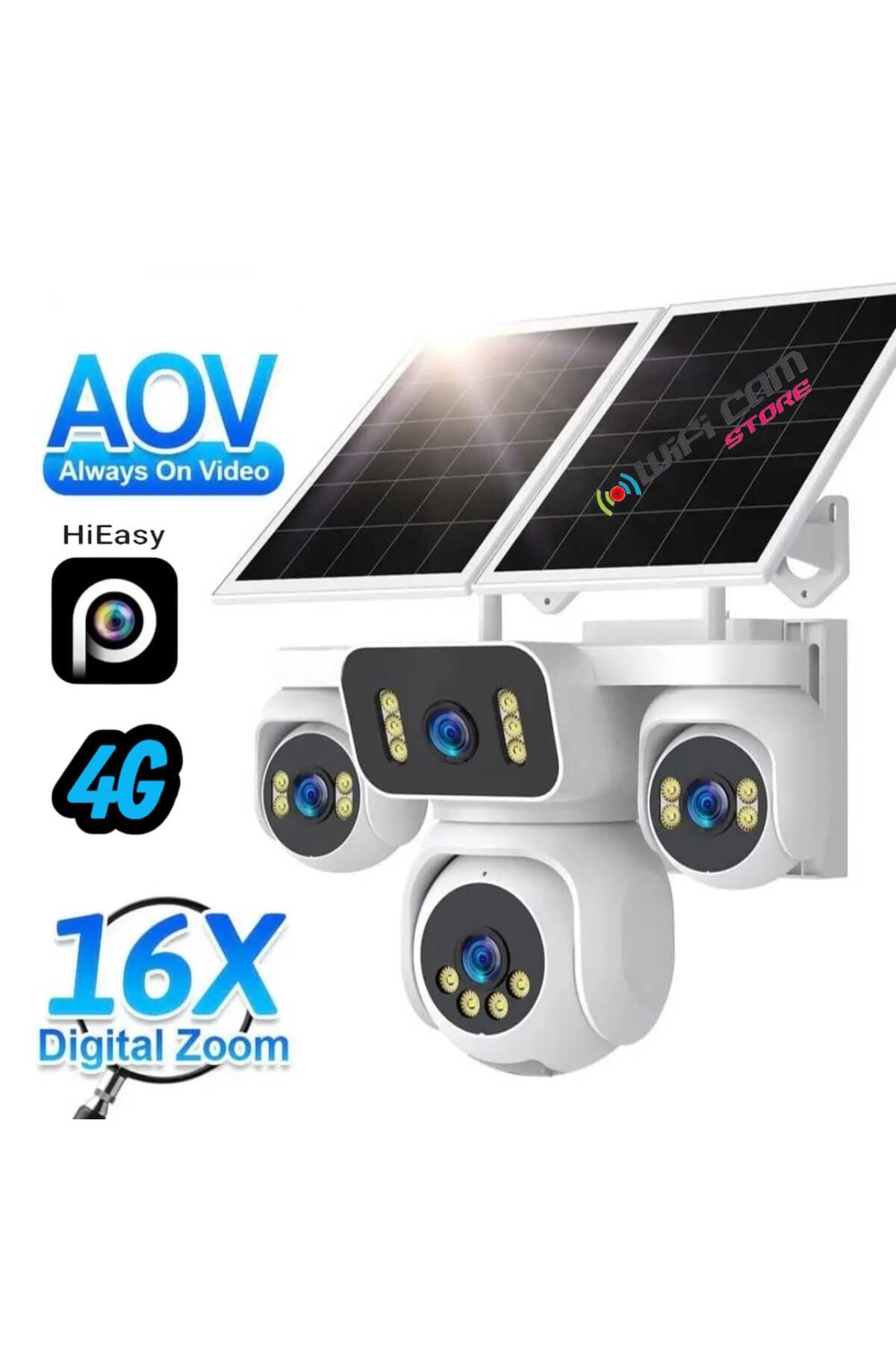 WİFİCAM 4 Kameralı Çift Panelli 4G Solar Kamera AOV 7/24 Kayıt