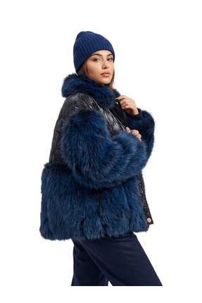 EssCouture Kadın Kürk Detaylı Lacivert Şişme Mont