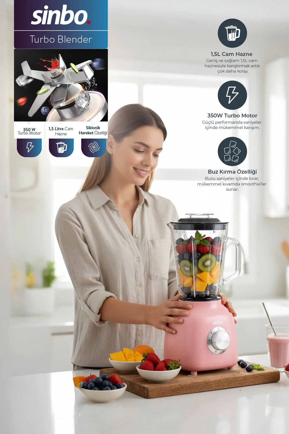 SHB-7516Turbo Blender - Smoothie Blender - 1.5 Liter Glass Chamber-Pink