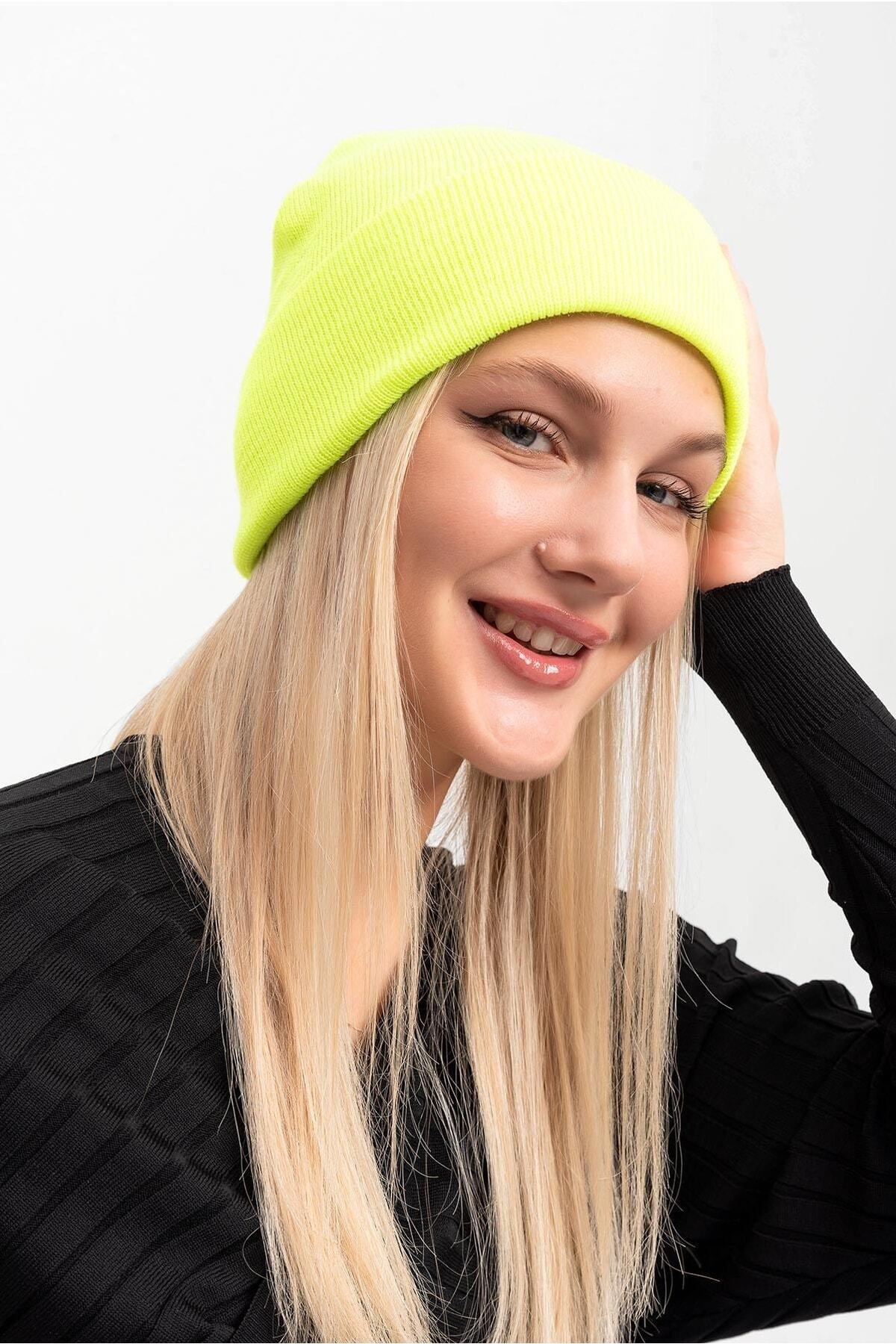 Saria Moda Neon Yeşil Triko Unisex Basic Bere görsel 2
