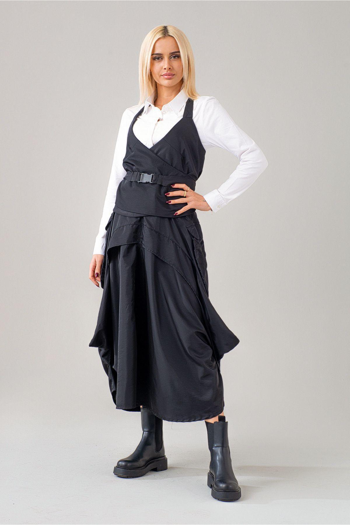 Bold & Young  Kadın Siyah Kargo Pervazlı Fermuarlı Paraşüt Kumaş Etek - Görsel 5