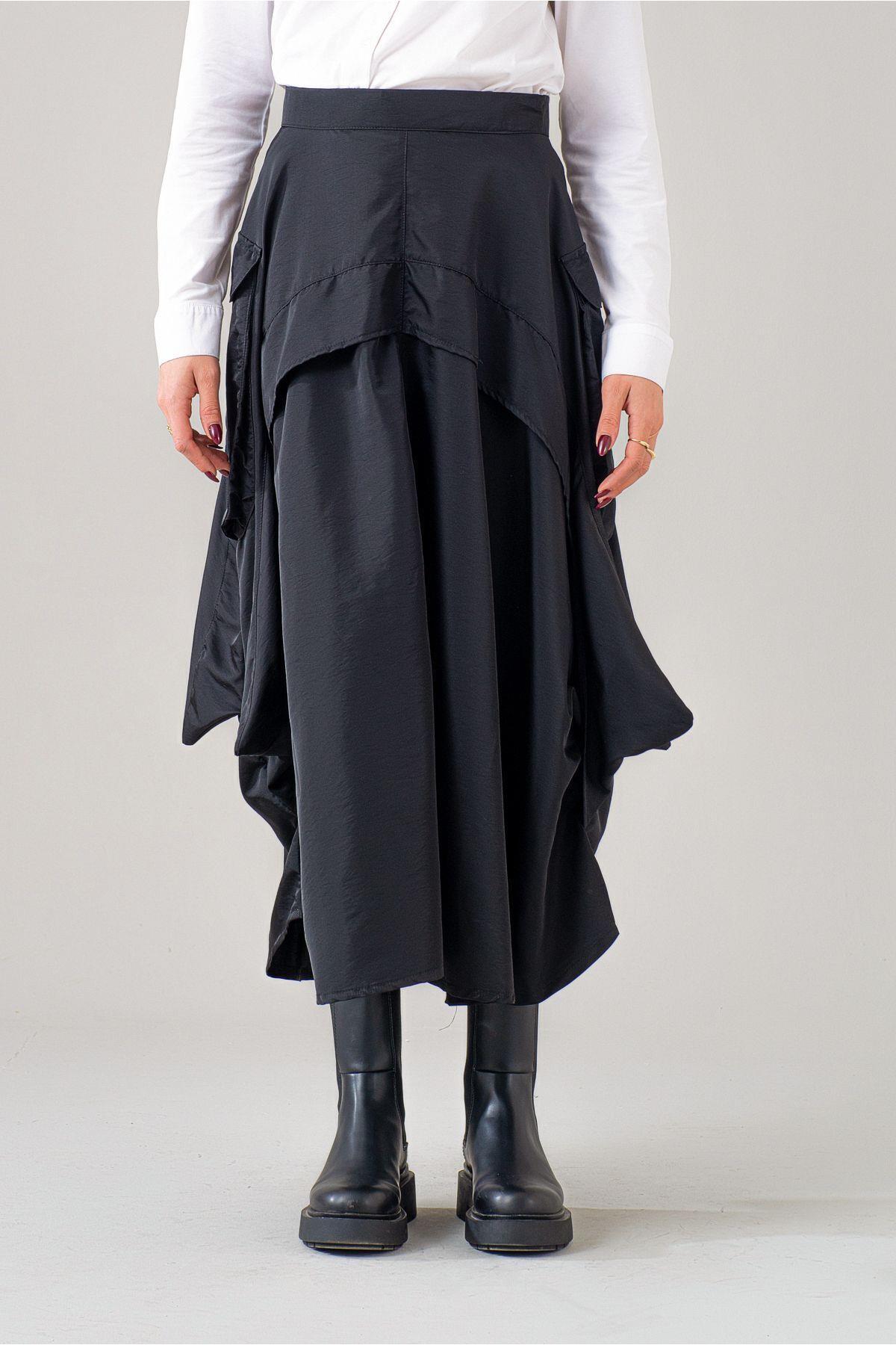 Bold & Young  Kadın Siyah Kargo Pervazlı Fermuarlı Paraşüt Kumaş Etek - Görsel 6