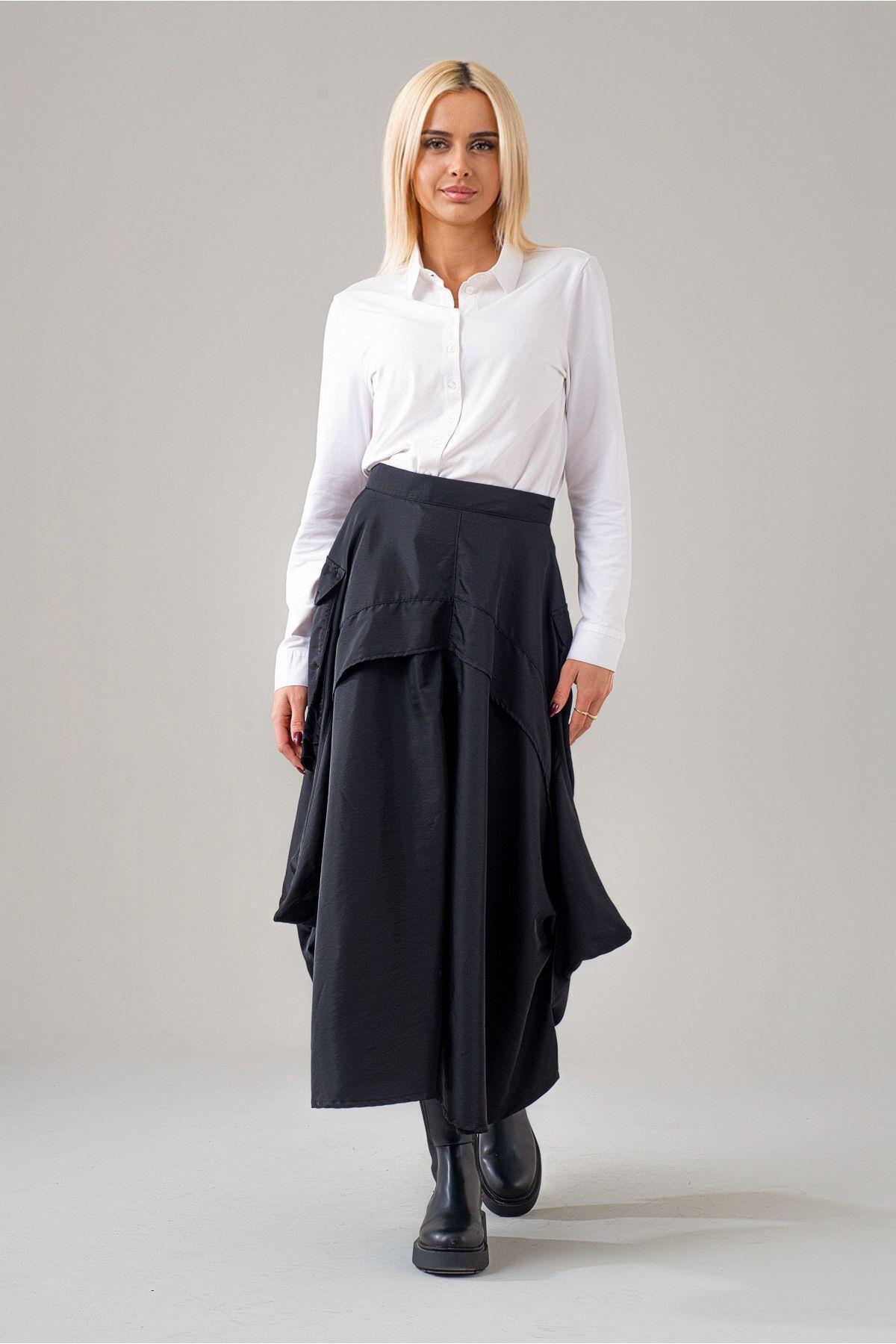 Bold & Young  Kadın Siyah Kargo Pervazlı Fermuarlı Paraşüt Kumaş Etek - Görsel 4