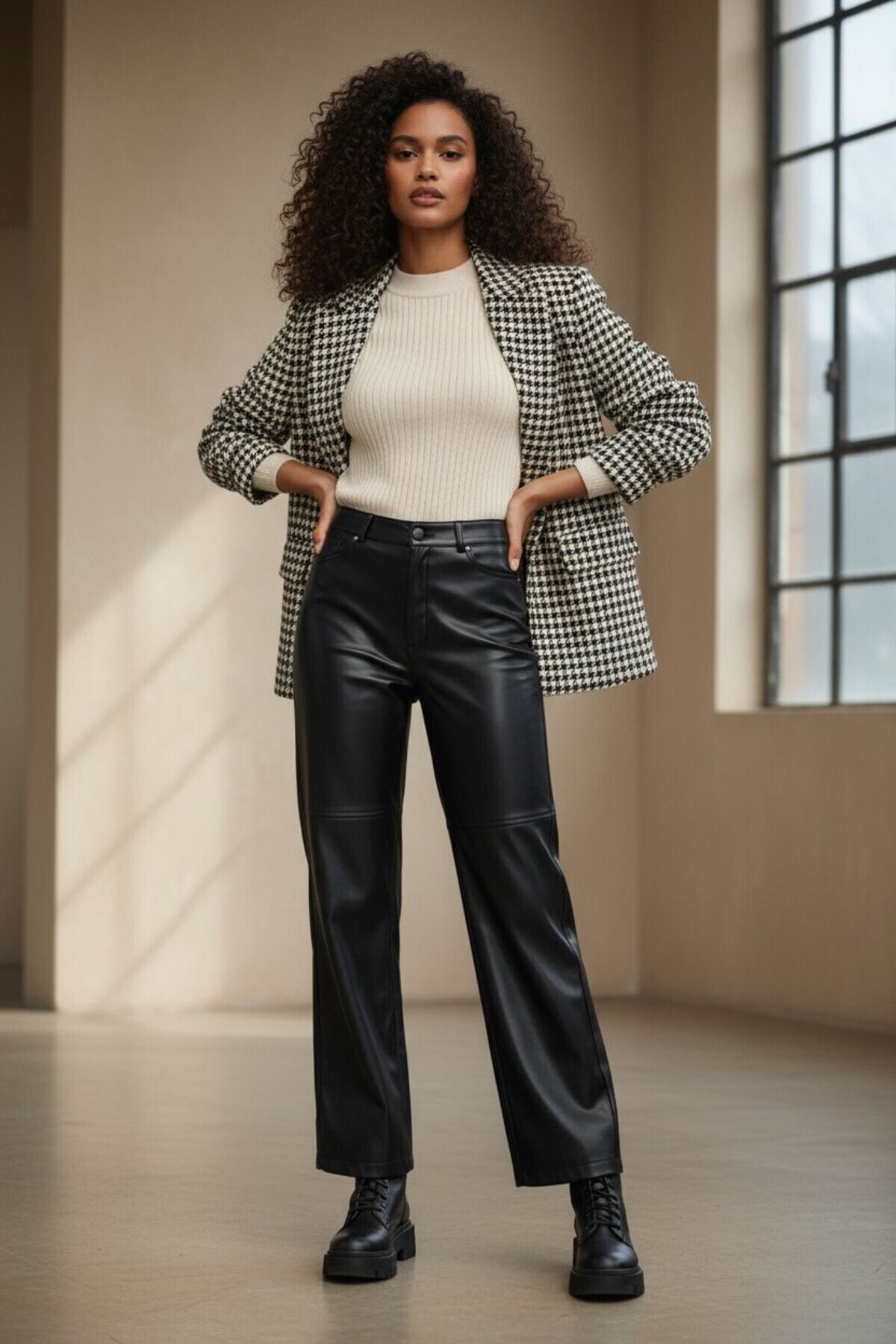 Grenj Fashion Černé kožené kalhoty s volným střihem a detaily šití na nohavicích