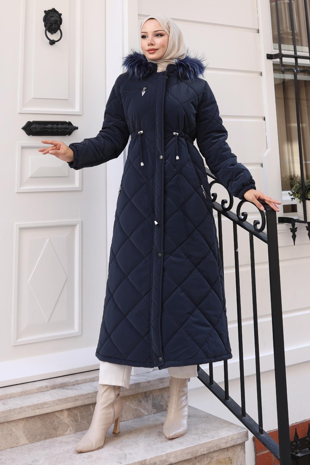 Missvalle  Fermuarlı Kapşonlu Kapitone Mont Lacivert 19277